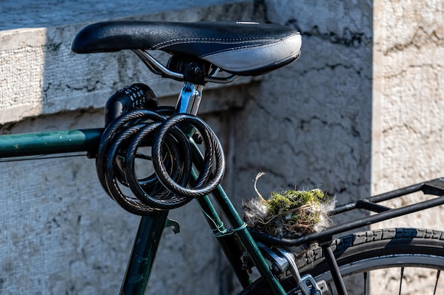 Close-up of bicycle against wall