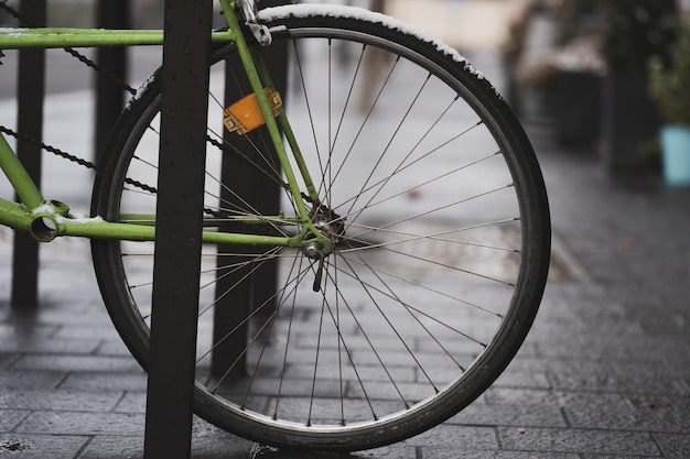 Foto close-up di una ruota di bicicletta su un sentiero pedonale