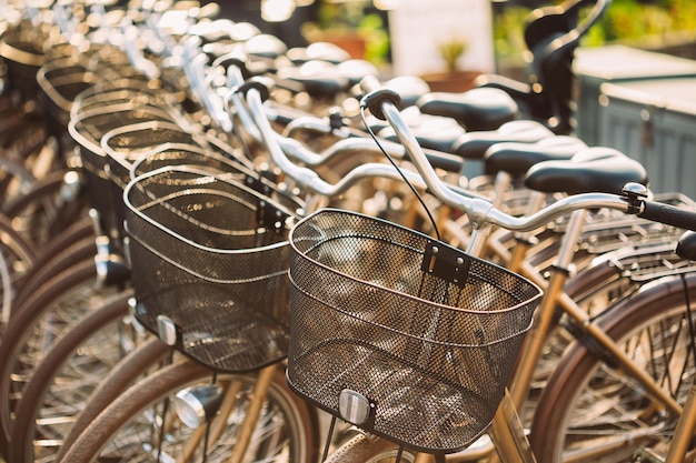 Close-up of bicycles parked in row at city
