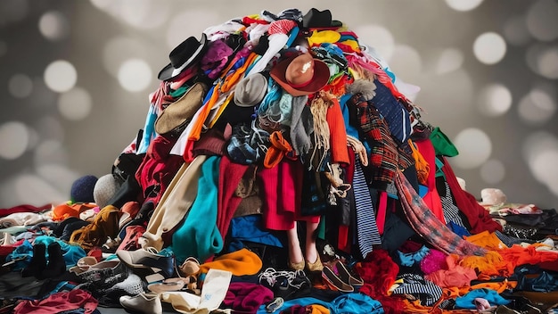 Близкий взгляд на большую кучу одежды и аксессуаров, брошенных на землю