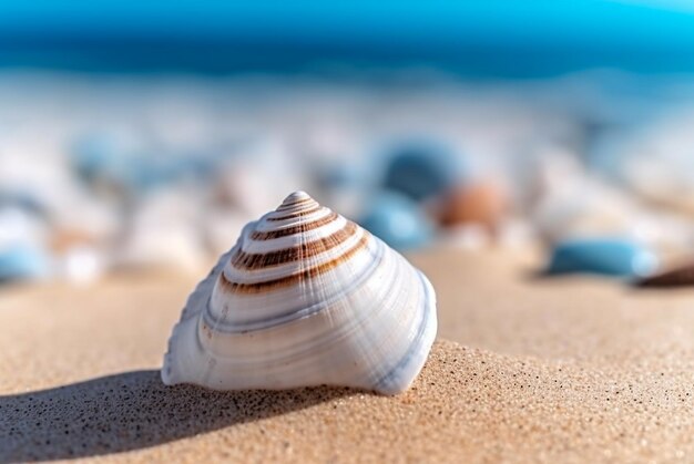 Close up of a big shell on white sand beach Generative AI