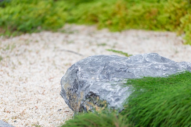 Primo piano di una grande pietra nel giardino giapponese per lo sfondo