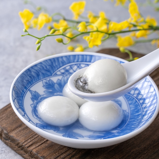 Close up of big tangyuan yuanxiao (glutinous rice dumpling balls) for Winter Solstice festival and Chinese lunar new year food