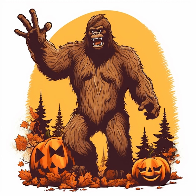 Photo a close up of a bigfoot standing in the grass with a pumpkin generative ai