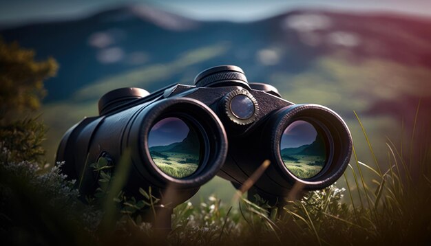 A close up of a binoculars with a mountain in the background