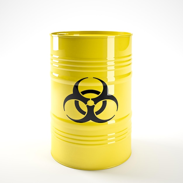 Photo close-up of biohazard symbol on barrel against white background