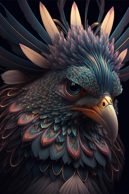 Close up of a bird on a black background generative ai