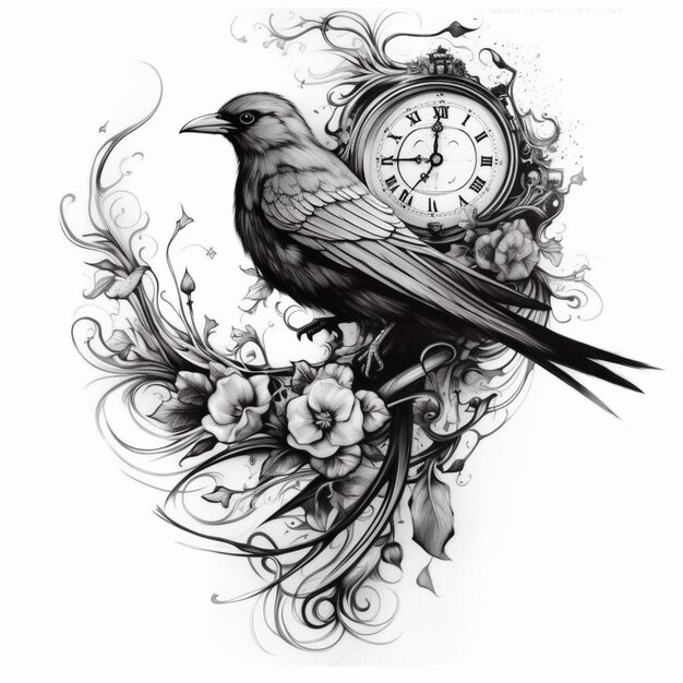 Photo a close up of a bird on a branch with a clock in the background generative ai