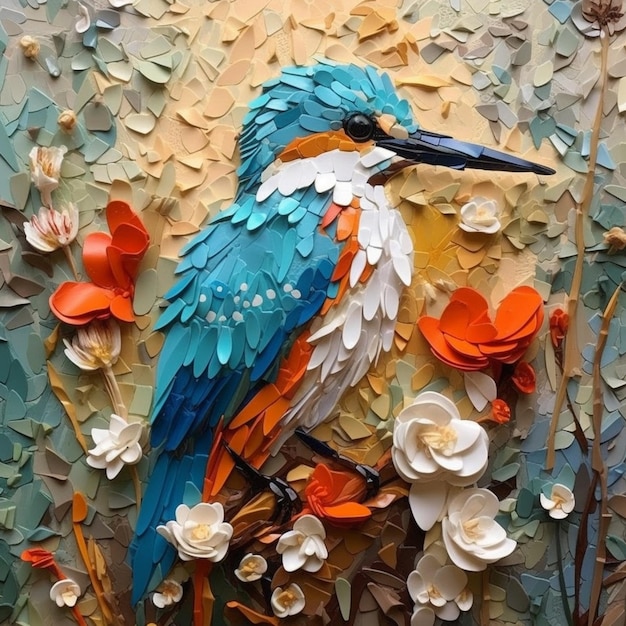 a close up of a bird on a branch with flowers generative ai