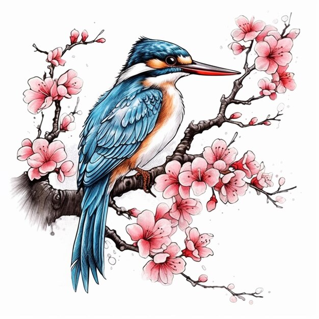 a close up of a bird on a branch with flowers generative ai