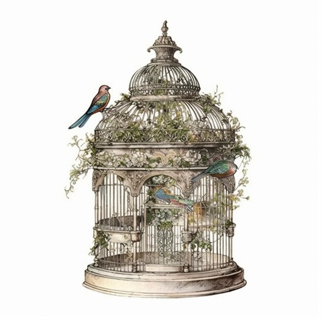 a close up of a bird cage with a bird inside of it generative ai