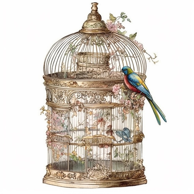 Photo a close up of a bird in a cage with flowers generative ai