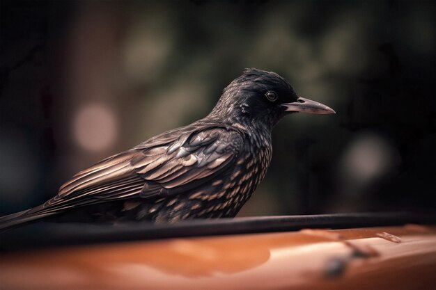 Close up of a bird in a car with a bokeh background