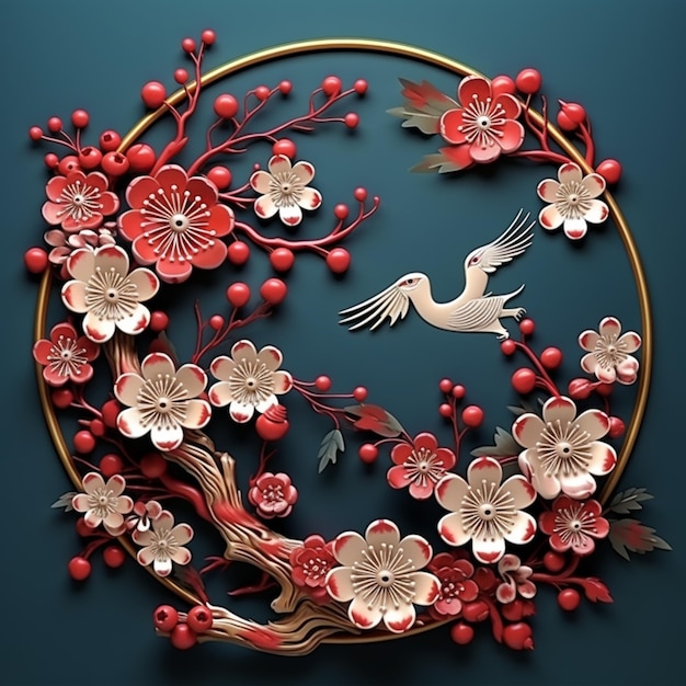 a close up of a bird flying over a flowered circle generative ai