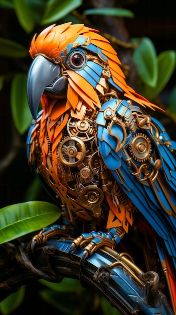 Close up of bird made out of metal gears Generative AI