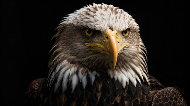 a close up of a bird of prey with a black background and a black background