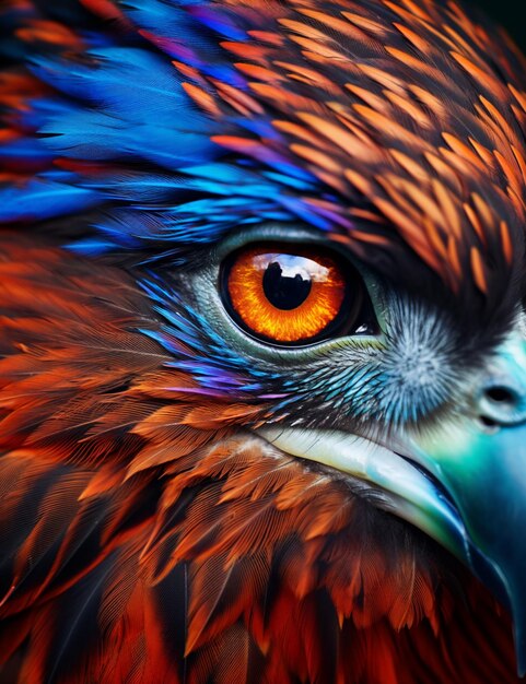 a close up of a bird of prey with a bright orange eye generative ai