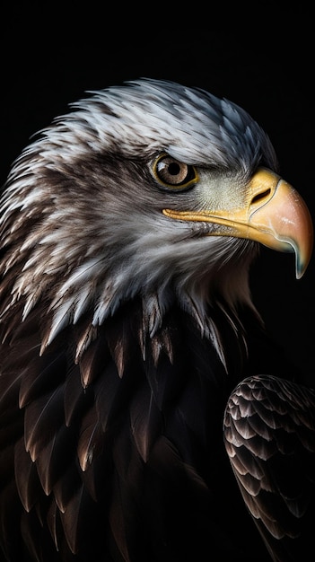 A close up of a bird's head with a yellow beak