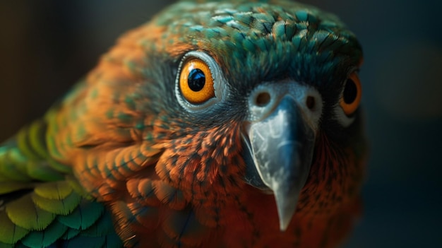 A close up of a bird with a dark background and a red - winged parrot in the foreground.