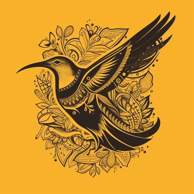 A close up of a bird with a flower on a yellow background generative ai