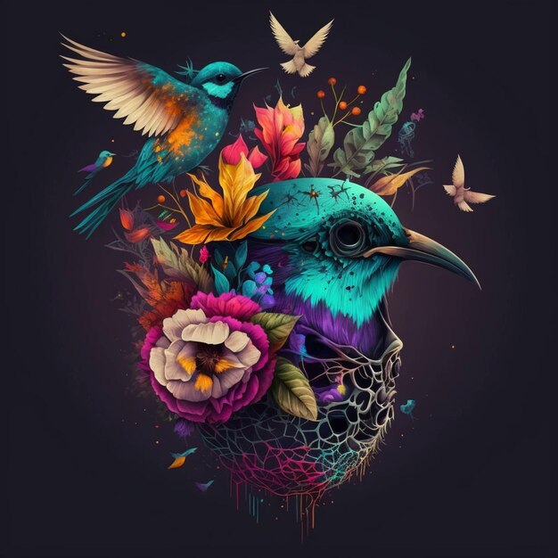 A close up of a bird with flowers and birds flying around generative ai