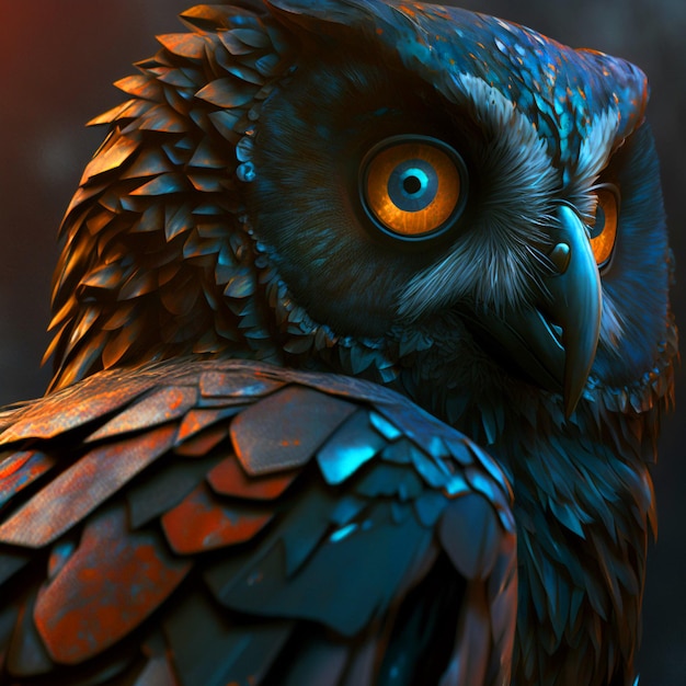 A close up of a bird with orange eyes and a blue background.