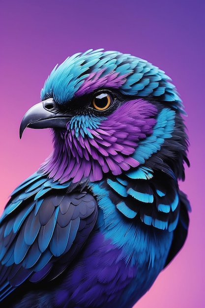 A close up of a bird with a purple and blue background generative ai