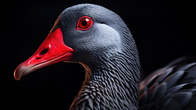 Foto un primo piano di un uccello con gli occhi rossi e lo sfondo nero ai