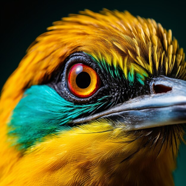 A close up of a bird with a yellow and green head generative ai