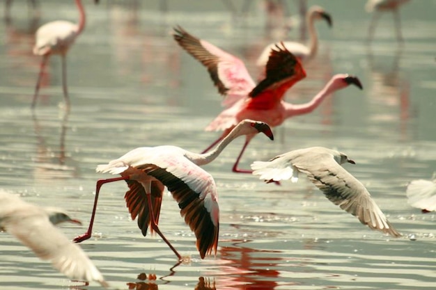 湖の上を飛ぶ鳥のクローズアップ