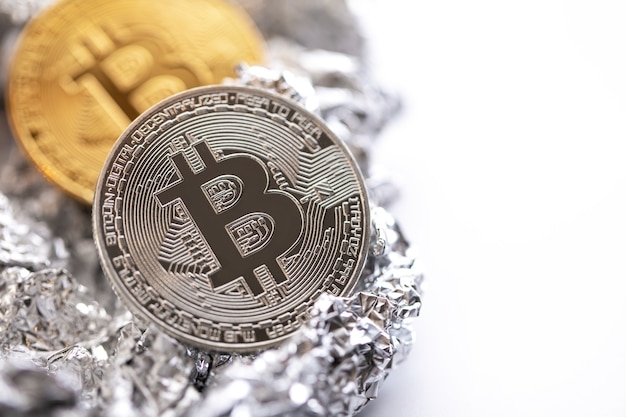 Close-up of bitcoin on the foil surface