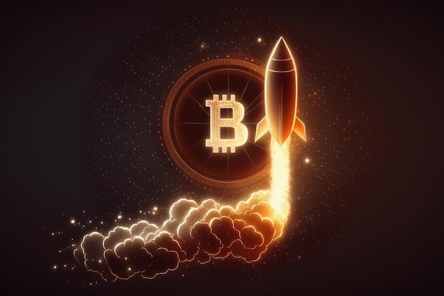 Close up of bitcoin rocket ship with on it generative ai