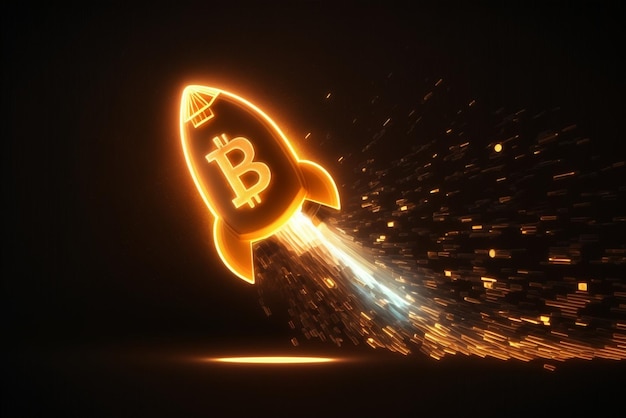 Close up of bitcoin rocket ship with on it generative ai