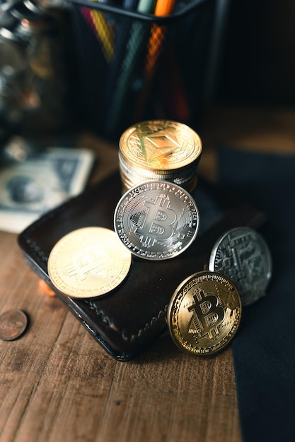 Close-up of bitcoins on table