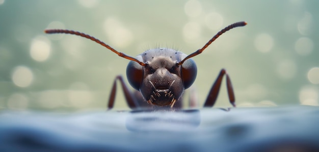 A close up of a black ant with a blue background