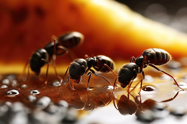 close up Black ants eating honey drop