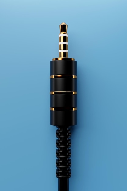 Close up of the black audio mini plug on blue isolated background 3D illustration