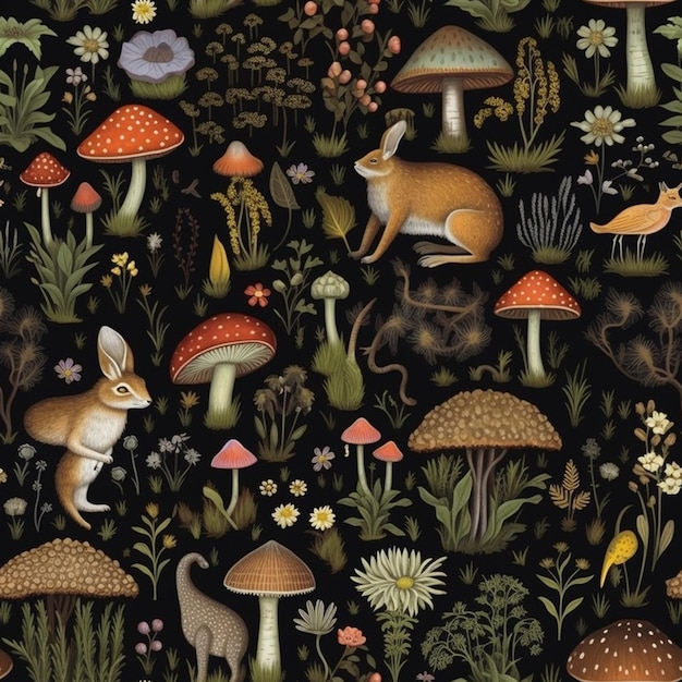 a close up of a black background with a bunch of animals and mushrooms generative ai