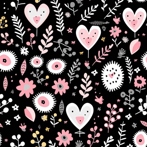 a close up of a black background with a pattern of hearts and flowers generative ai