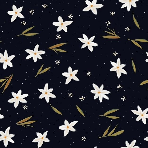 A close up of a black background with white flowers and leaves generative ai