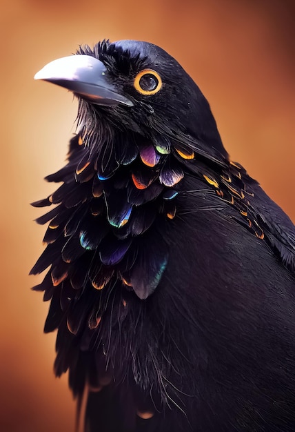 A close up of a black bird with colorful feathers.