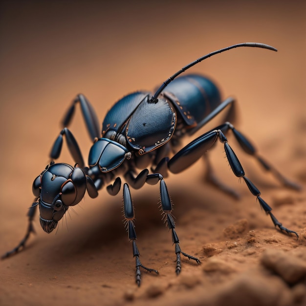 A close up of a black and blue ant with a red background.