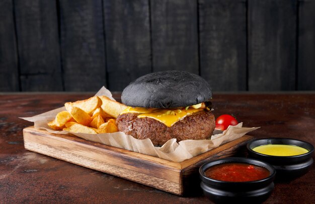 Close up of black bun cheeseburger, cherry tomatoes and baked potato wedges in wooden box, dipping sauces set on table over old rusty background with copy space. Fast food and unhealthy eating concept