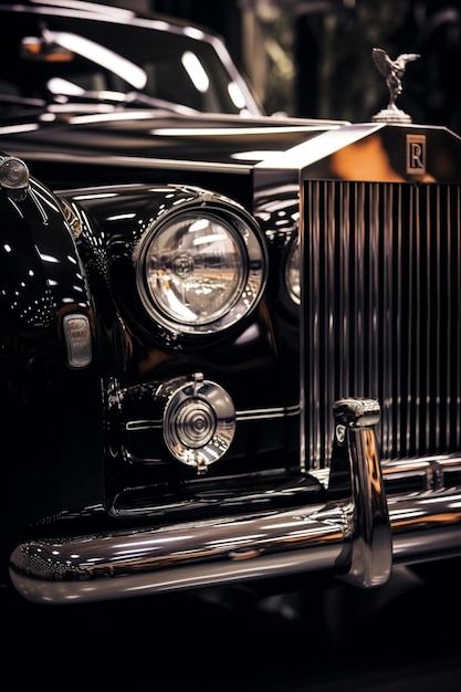 A close up of a black car with a shiny grille and a bird on the front generative ai