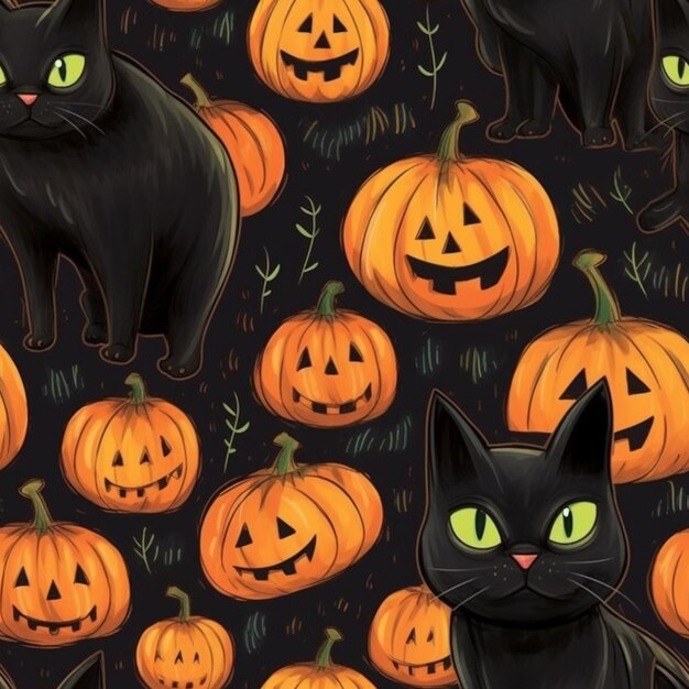 a close up of a black cat surrounded by pumpkins generative ai