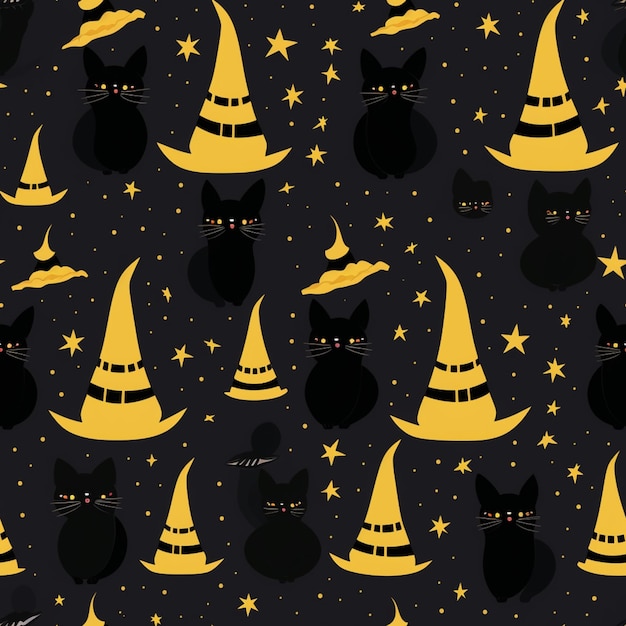 Foto un primo piano di un gatto nero e un cappello di strega su uno sfondo nero