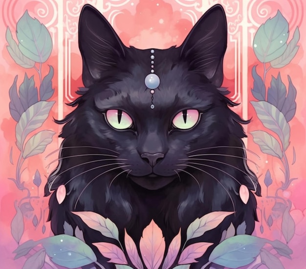 Photo a close up of a black cat with green eyes and a pink background generative ai