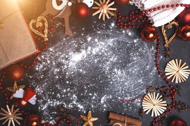 Close up of black Christmas background for copy space. New Year, holiday, celebration, winter concepts