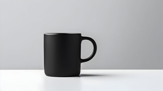 A close up of a black coffee mug on a white tab