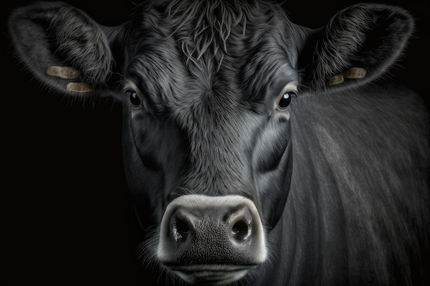 Крупный план лица черной коровы 39 на черном фоне